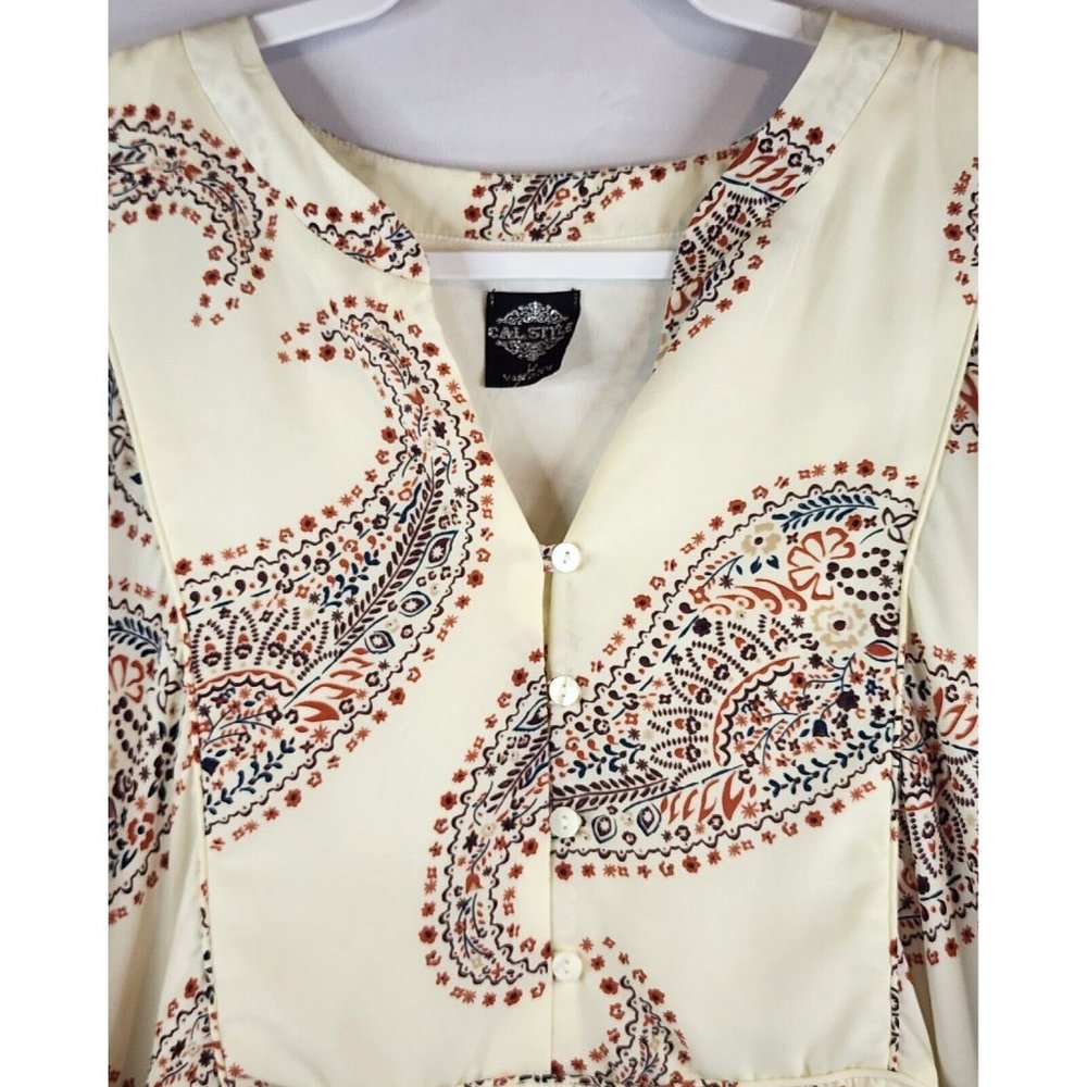 Cal Style Dress Womens Large Cream Paisley Print Balloon Sleeve Tunic Mini - Picture 6 of 13